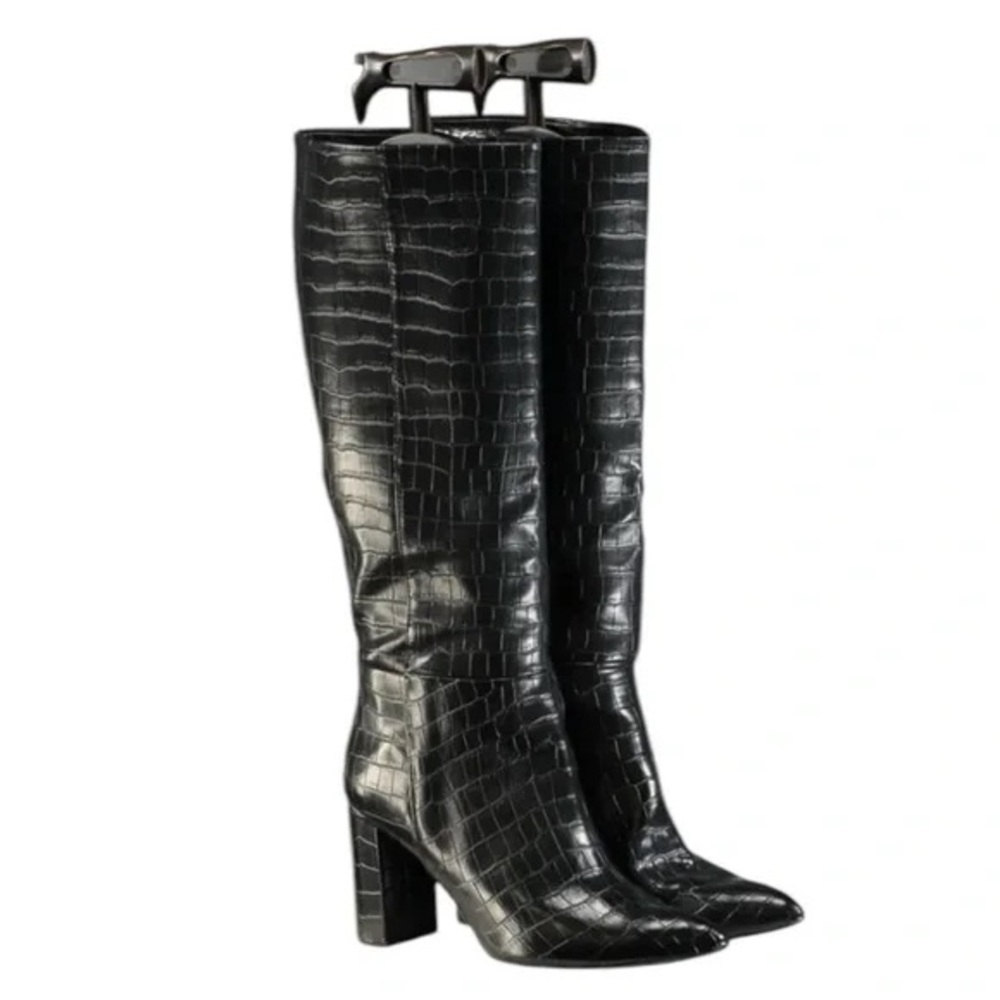 Zara Black Croc-Patterned Heeled Boots
